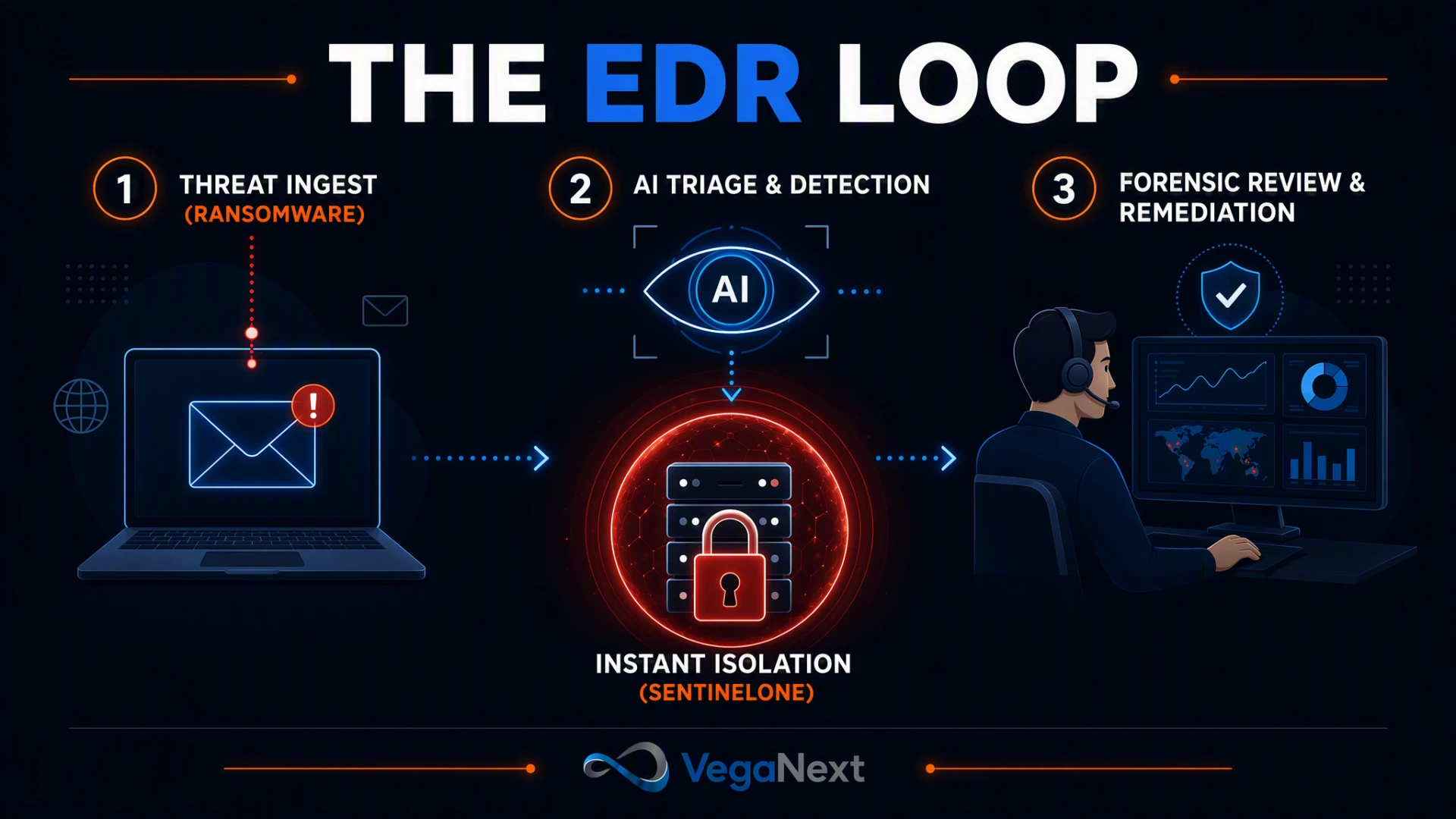 The EDR Loop — threat ingest of ransomware, AI triage and detection with instant SentinelOne isolation, and forensic review and remediation by VegaNext analysts
