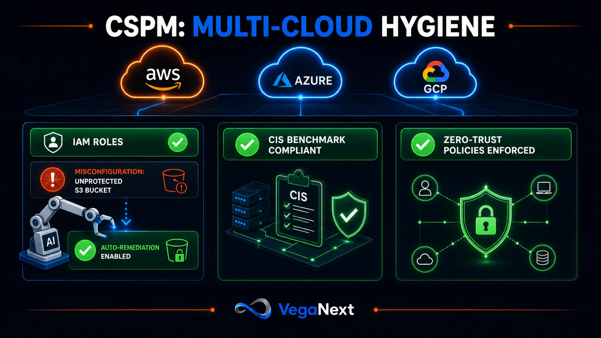 CSPM Multi-Cloud Hygiene infographic showing AWS, Azure, and GCP posture checks including IAM roles, CIS benchmark compliance, and zero-trust policy enforcement with auto-remediation