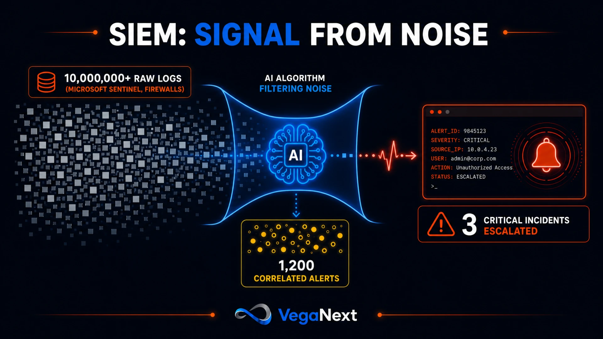 SIEM signal-from-noise workflow: 10,000,000+ raw logs filtered by AI into 1,200 correlated alerts and 3 critical incidents escalated